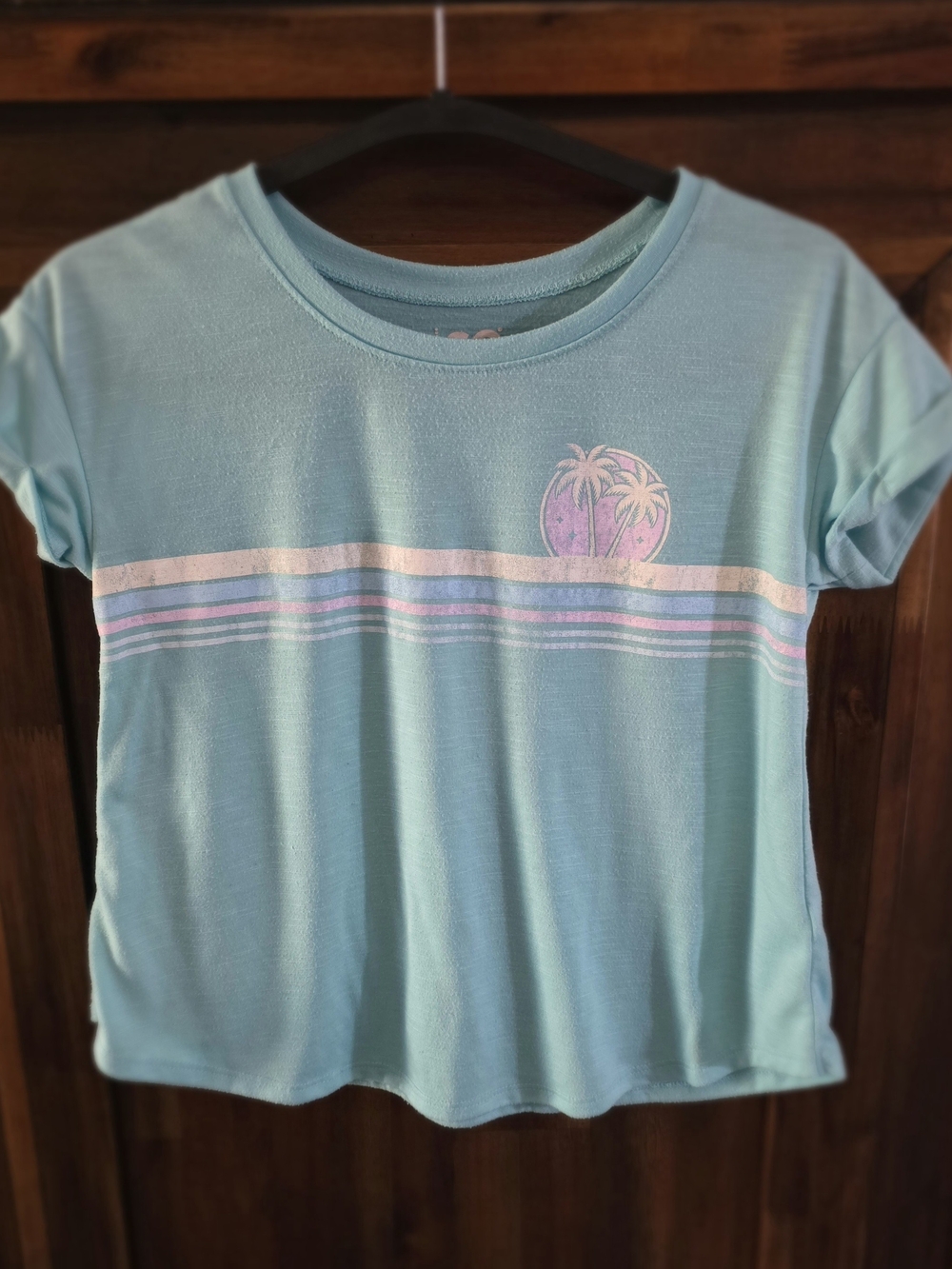 SO Girls Short Sleeve Boxy Tee, Light Aqua Tee with Palm Graphic and Stripes